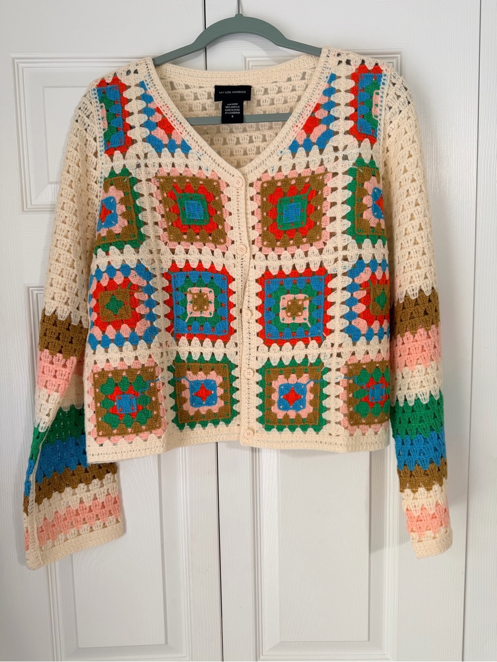 NWOT LIV Los Angeles Crochet Granny Square Cardigan Size Small Boho